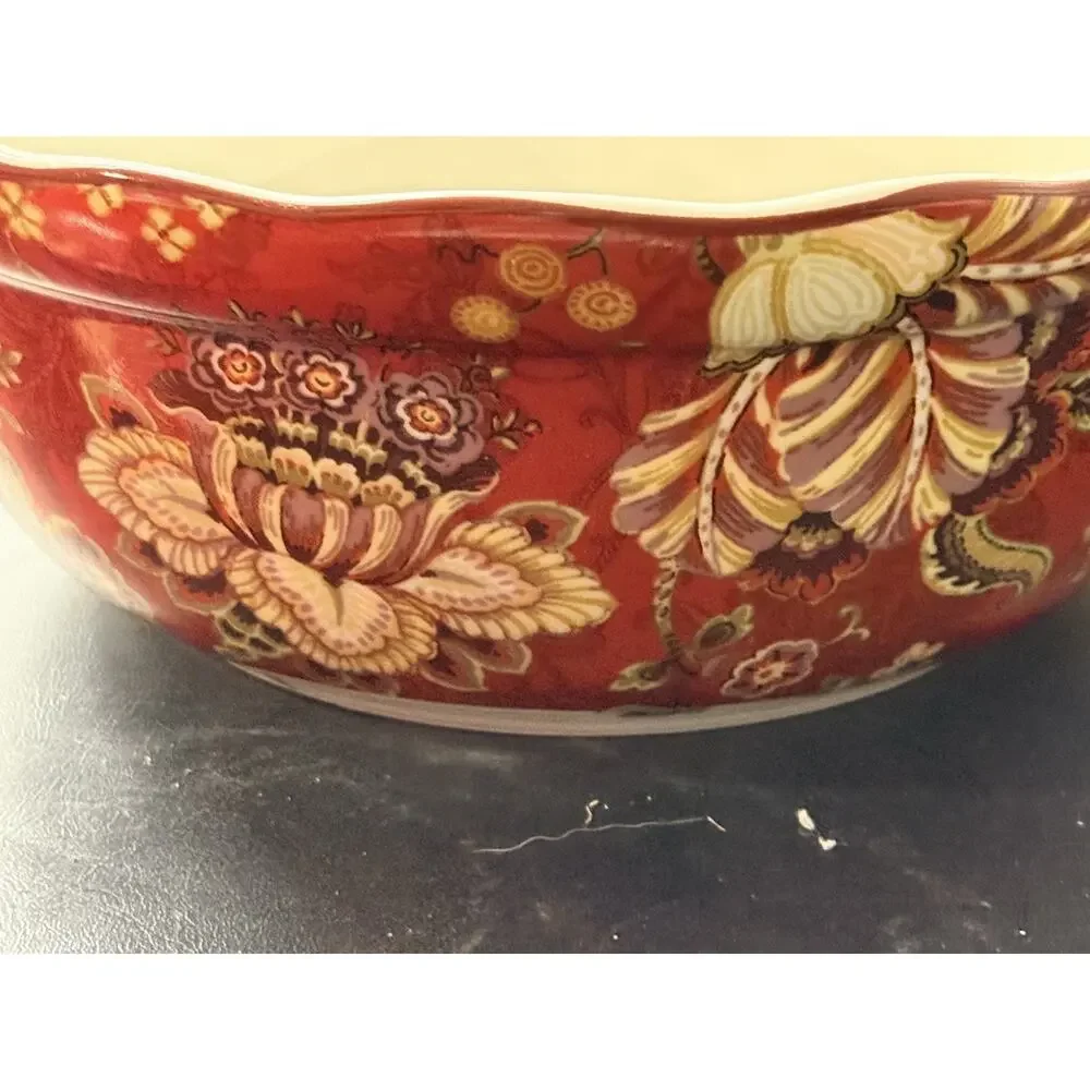 222 Fifth Gabrielle Red Paisley Covered Vegetable Serving Bowl w Lid